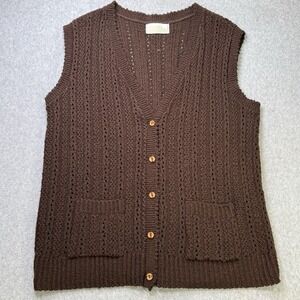 Vintage It's Pure Gould Knit Sweater‎ Vest Brown Crochet Button Front USA
